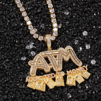 18K Shiny CZ Diamond ATM-Addicted To Money Creative Pendant Tennis Chain Necklace