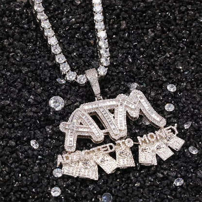 18K Shiny CZ Diamond ATM-Addicted To Money Creative Pendant Tennis Chain Necklace