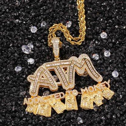 18K Shiny CZ Diamond ATM-Addicted To Money Creative Pendant Tennis Chain Necklace