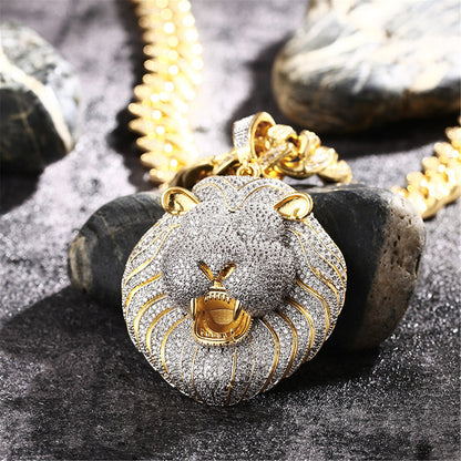 18K Men's Iced Out Lion King Pendant Miami Cuban Chain Necklace