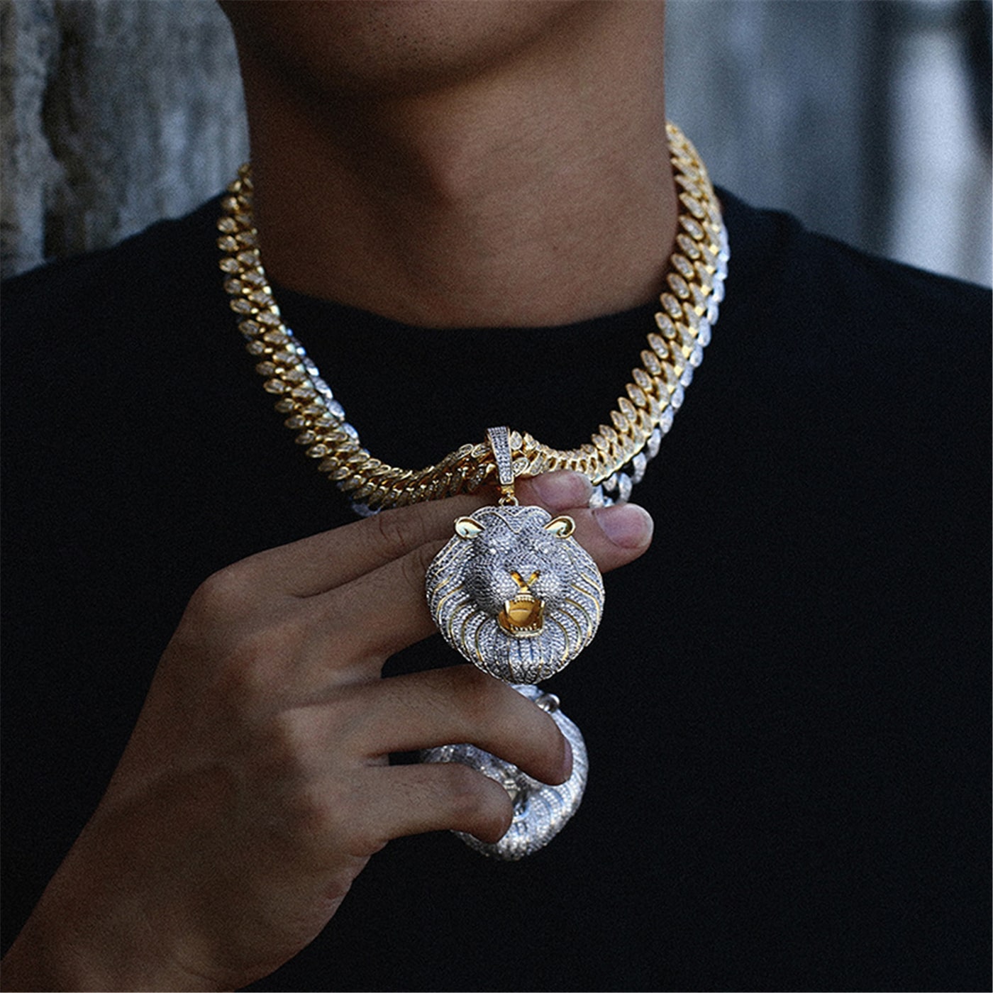 18K Men's Iced Out Lion King Pendant Miami Cuban Chain Necklace