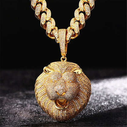 18K Men's Iced Out Lion King Pendant Miami Cuban Chain Necklace