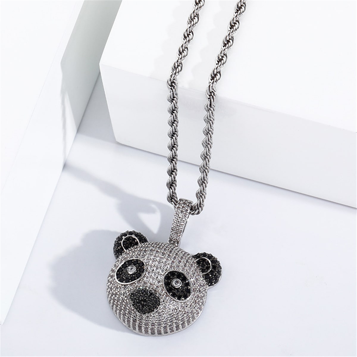 Iced Out Bright CZ Diamond Lil Panda Pendant Necklace