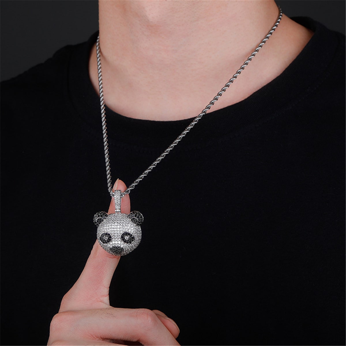 Iced Out Bright CZ Diamond Lil Panda Pendant Necklace