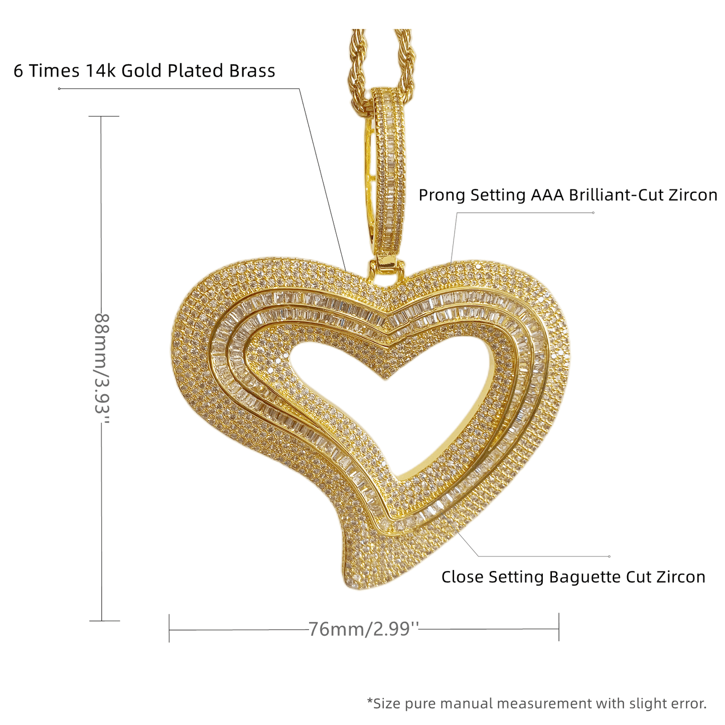 Iced Out Irregular Full Heart Pendant with 24'' Rope Chain | Prong Setting AAA CZ Diamond Fashion Hip Hop Necklace