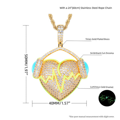 Creative Headphone on Luminous Cold Enamel Heartbeat Design Pendant Necklace