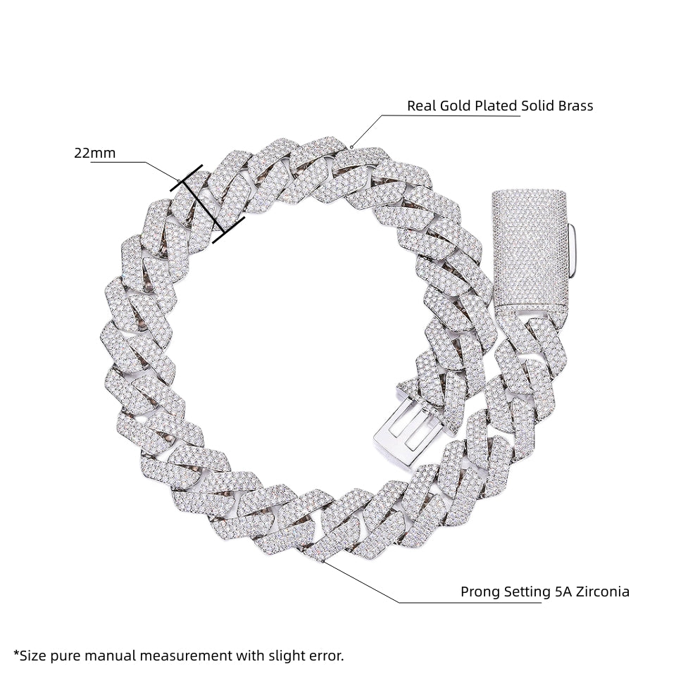 22MM 3-rows Drill Rhomb-edged Cuban Link Chain Necklace