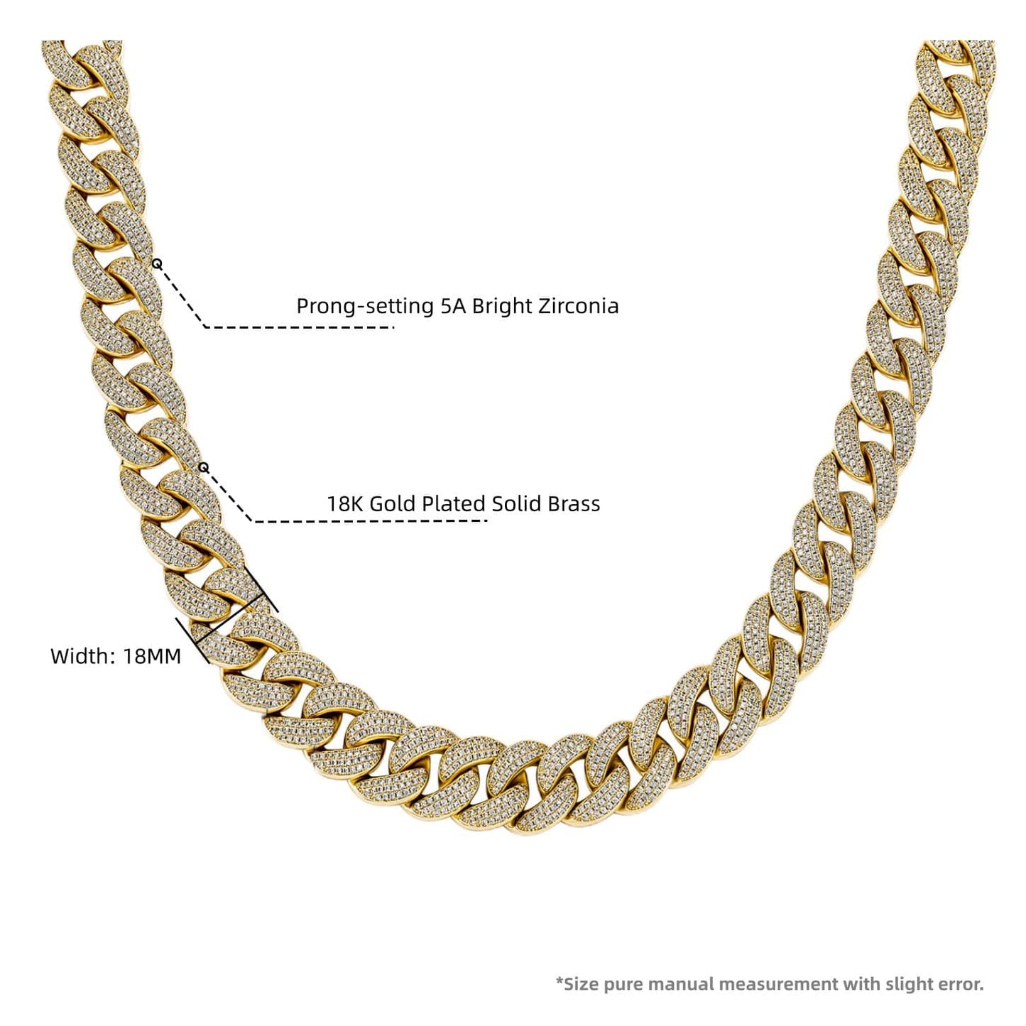 18MM 3-Rows Pave CZ Diamond Spring Clasp Cuban Link Chain Necklace