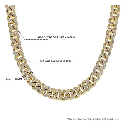 18MM 3-Rows Pave CZ Diamond Spring Clasp Cuban Link Chain Necklace