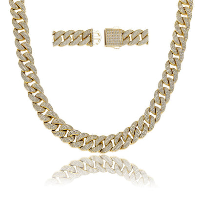 18MM 3-Rows Pave CZ Diamond Spring Clasp Cuban Link Chain Necklace