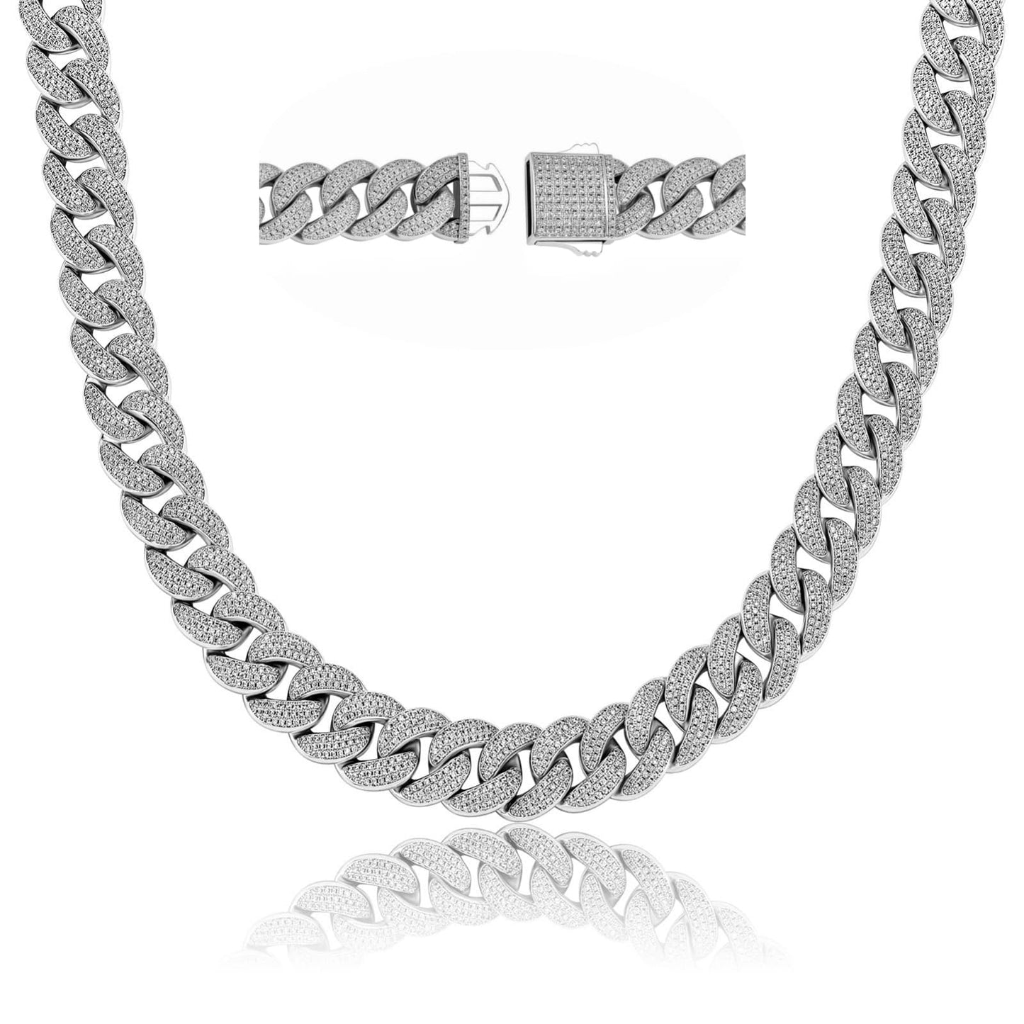 18MM 3-Rows Pave CZ Diamond Spring Clasp Cuban Link Chain Necklace