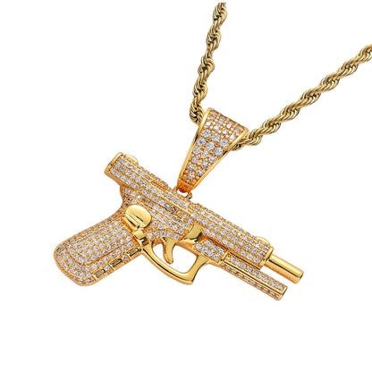 14K Hand Riffle Gun Model Pendant Iced Out CZ Diamond Necklace