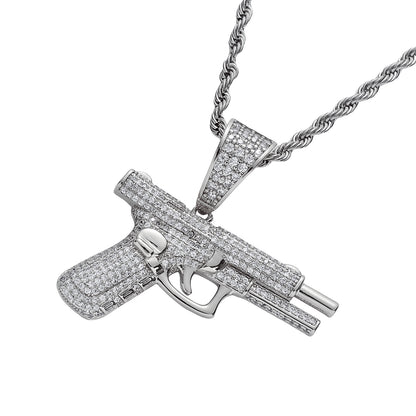 14K Hand Riffle Gun Model Pendant Iced Out CZ Diamond Necklace