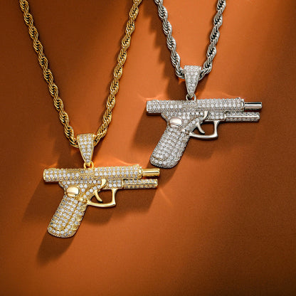 14K Hand Riffle Gun Model Pendant Iced Out CZ Diamond Necklace