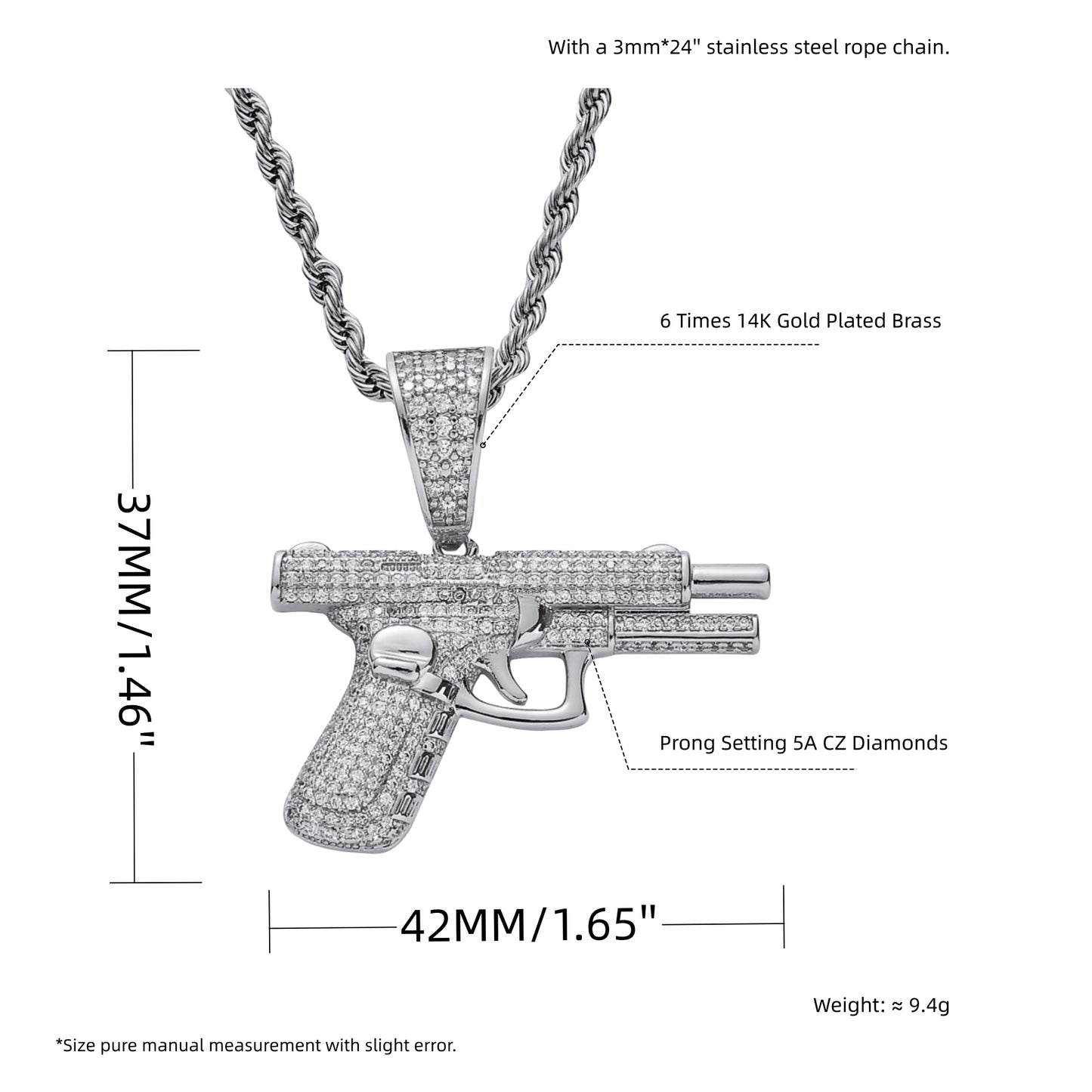 14K Hand Riffle Gun Model Pendant Iced Out CZ Diamond Necklace