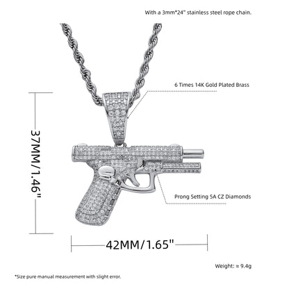 14K Hand Riffle Gun Model Pendant Iced Out CZ Diamond Necklace