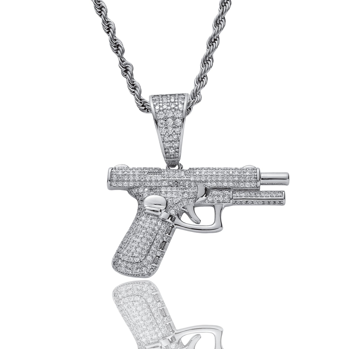 14K Hand Riffle Gun Model Pendant Iced Out CZ Diamond Necklace