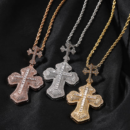 14K Bling Cross Plus Cross Iced Out Pendant Chain Necklace