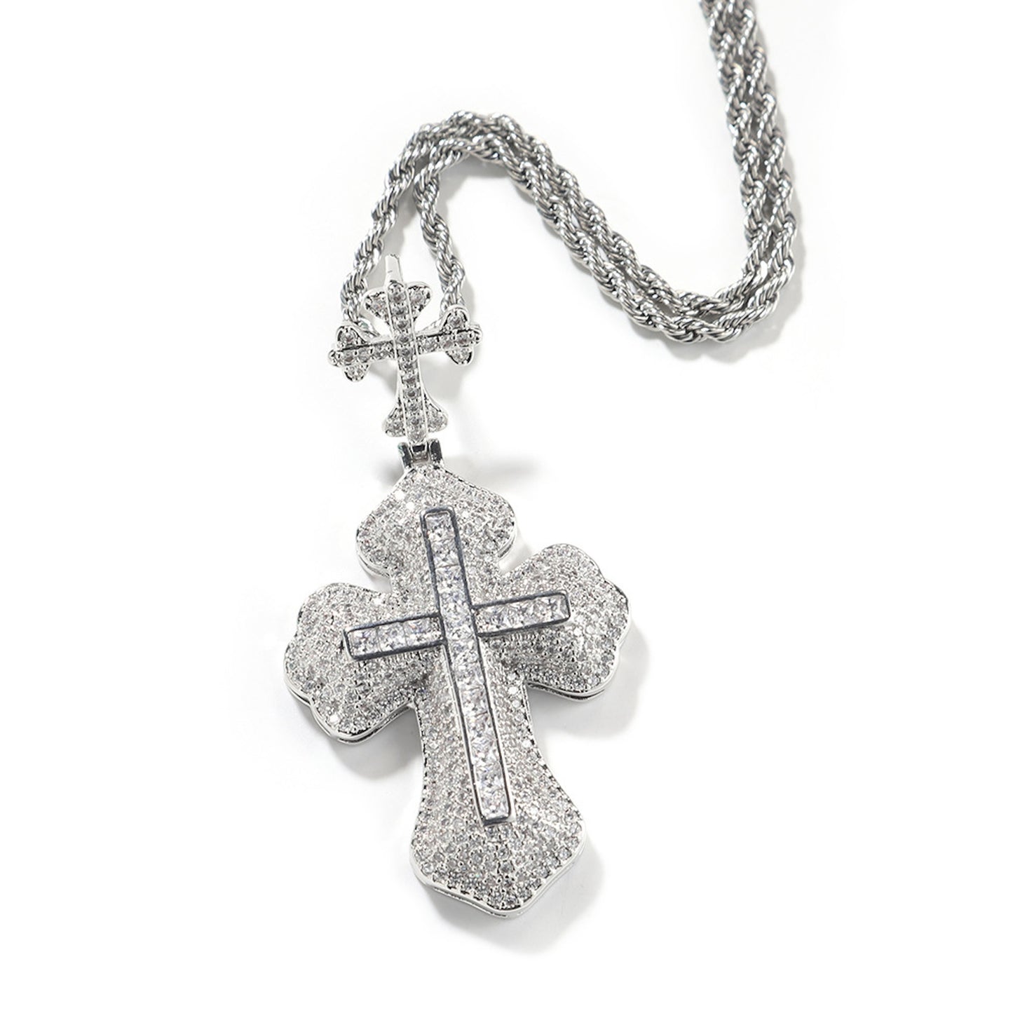 14K Bling Cross Plus Cross Iced Out Pendant Chain Necklace