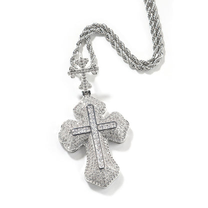 14K Bling Cross Plus Cross Iced Out Pendant Chain Necklace