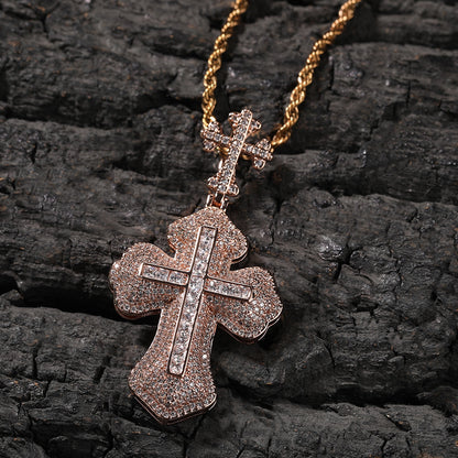 14K Bling Cross Plus Cross Iced Out Pendant Chain Necklace