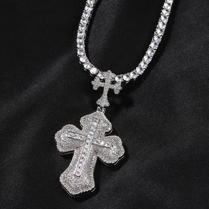 14K Bling Cross Plus Cross Iced Out Pendant Chain Necklace