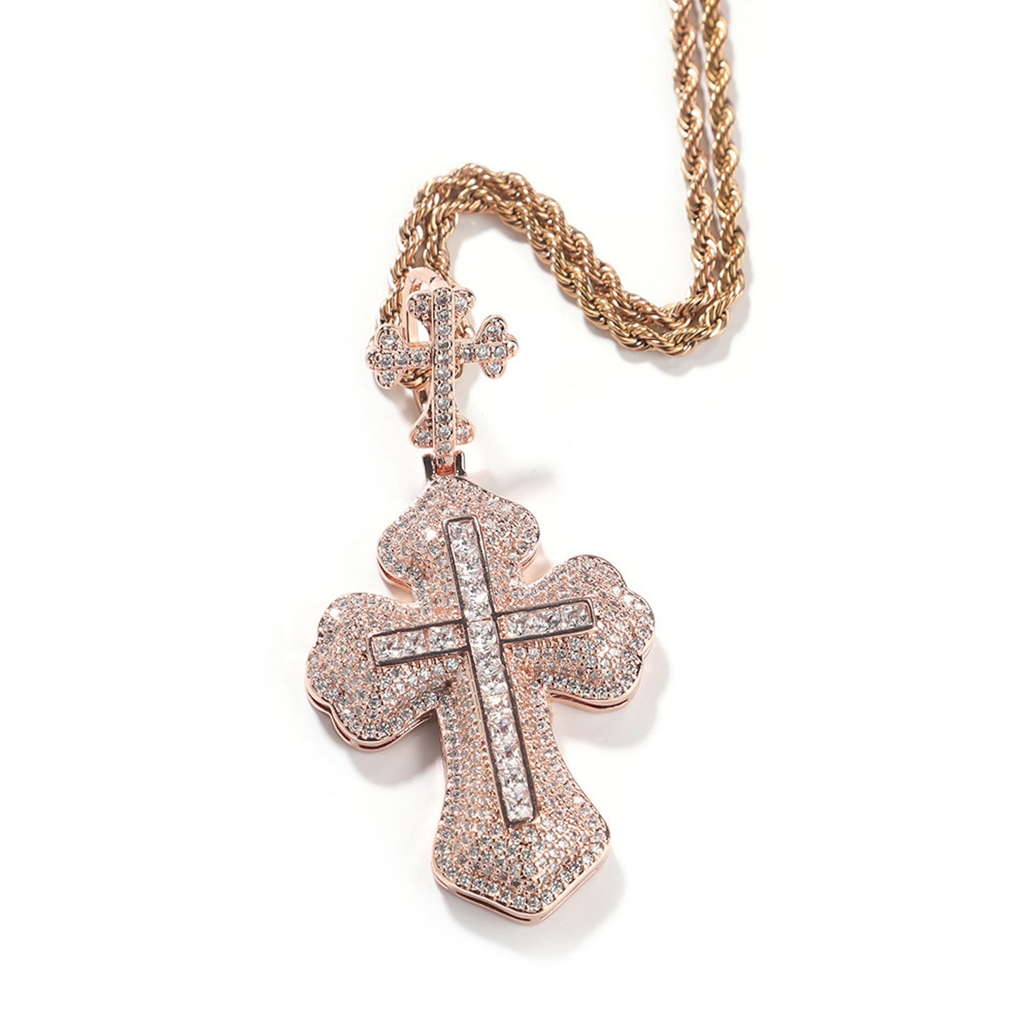 14K Bling Cross Plus Cross Iced Out Pendant Chain Necklace