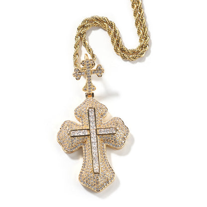 14K Bling Cross Plus Cross Iced Out Pendant Chain Necklace