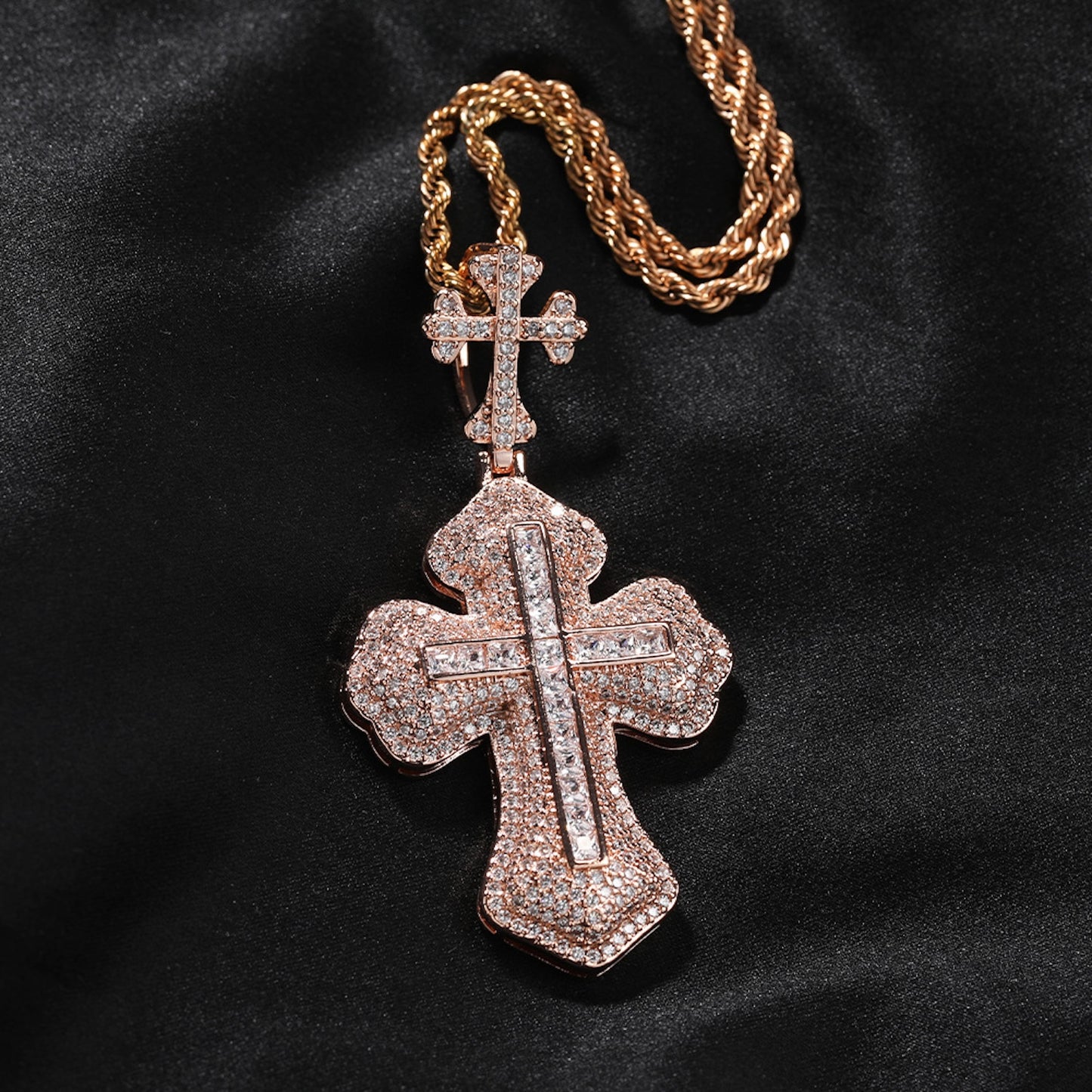 14K Bling Cross Plus Cross Iced Out Pendant Chain Necklace