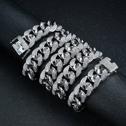 18K Thick Plating 18mm Classic Round Cut Diamond Cuban Chain Necklace