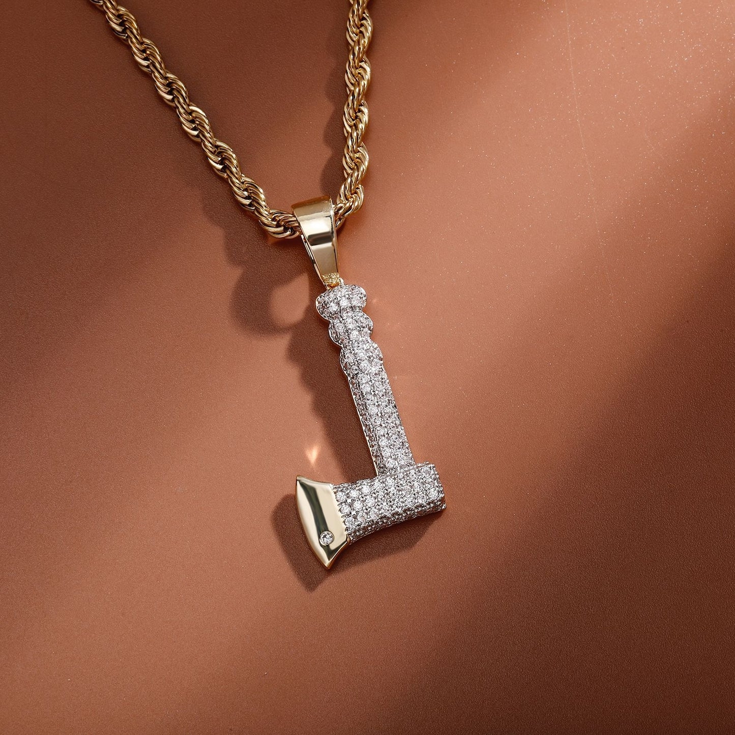 14K Iced Out Shine Diamond Mini Axe Pendant Necklace