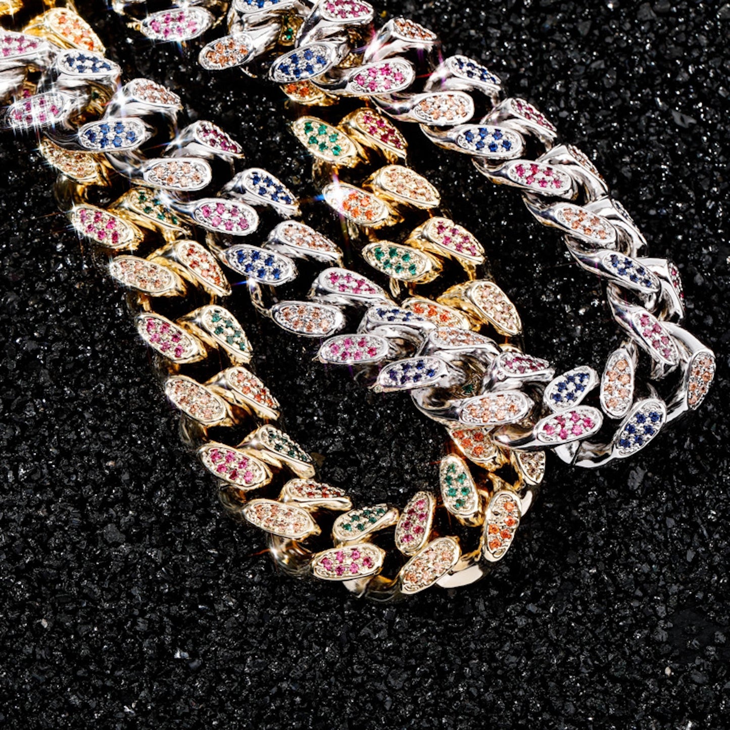 18K Iced Out 14MM Colorful CZ Diamond Cuban Chain Necklace