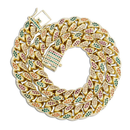 18K Iced Out 14MM Colorful CZ Diamond Cuban Chain Necklace