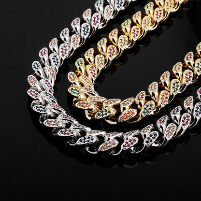 18K Iced Out 14MM Colorful CZ Diamond Cuban Chain Necklace