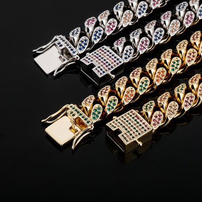 18K Iced Out 14MM Colorful CZ Diamond Cuban Chain Necklace