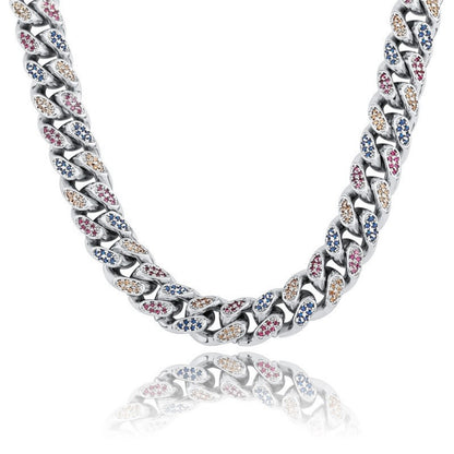 18K Iced Out 14MM Colorful CZ Diamond Cuban Chain Necklace