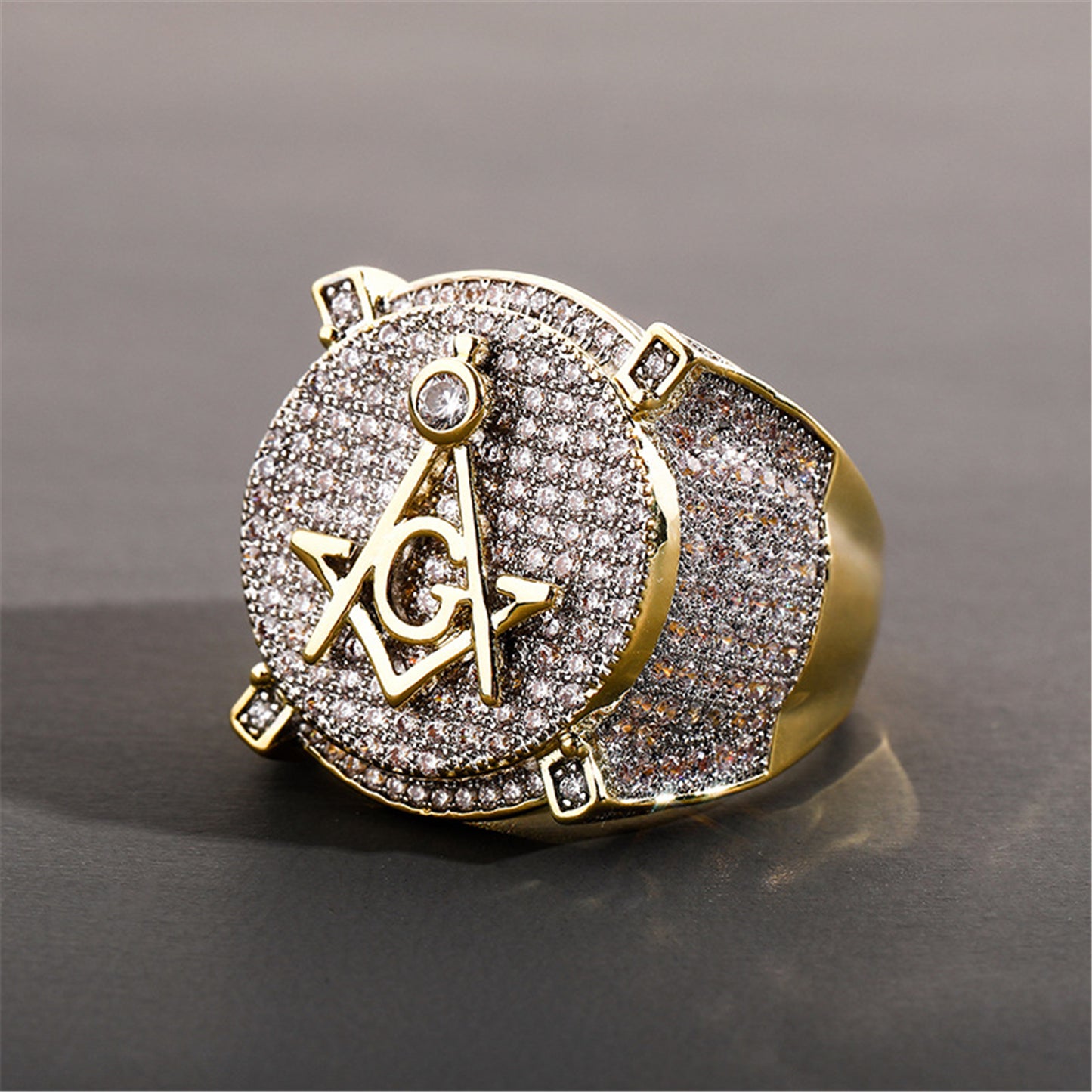 18K Iced Out AG Symbol Bling Pinky Ring | Full CZ Diamond Gold Platinum Tone Rapper Ring