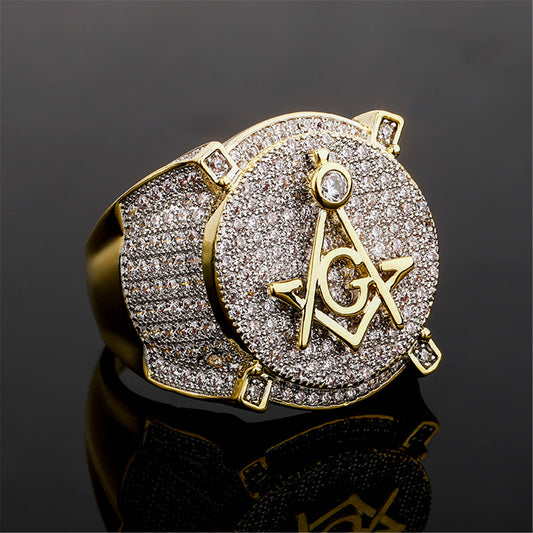 18K Iced Out AG Symbol Bling Pinky Ring | Full CZ Diamond Gold Platinum Tone Rapper Ring