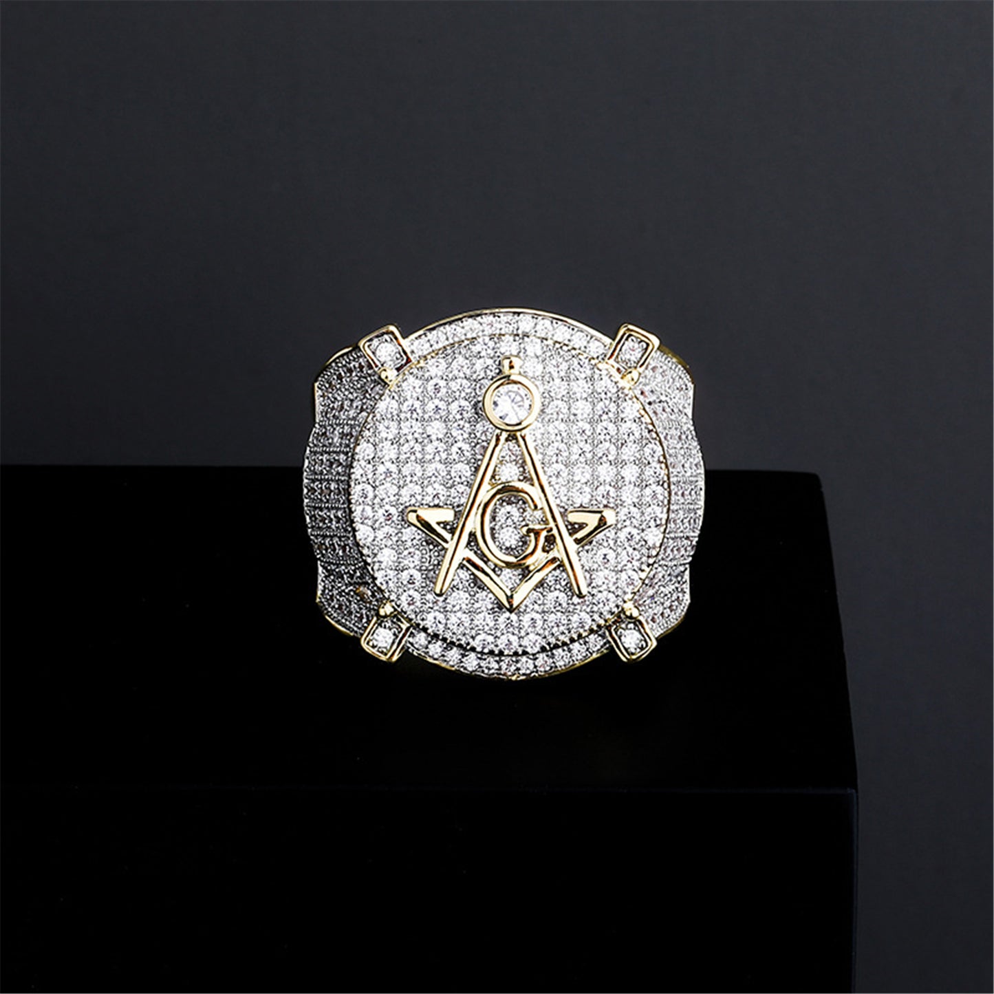 18K Iced Out AG Symbol Bling Pinky Ring | Full CZ Diamond Gold Platinum Tone Rapper Ring