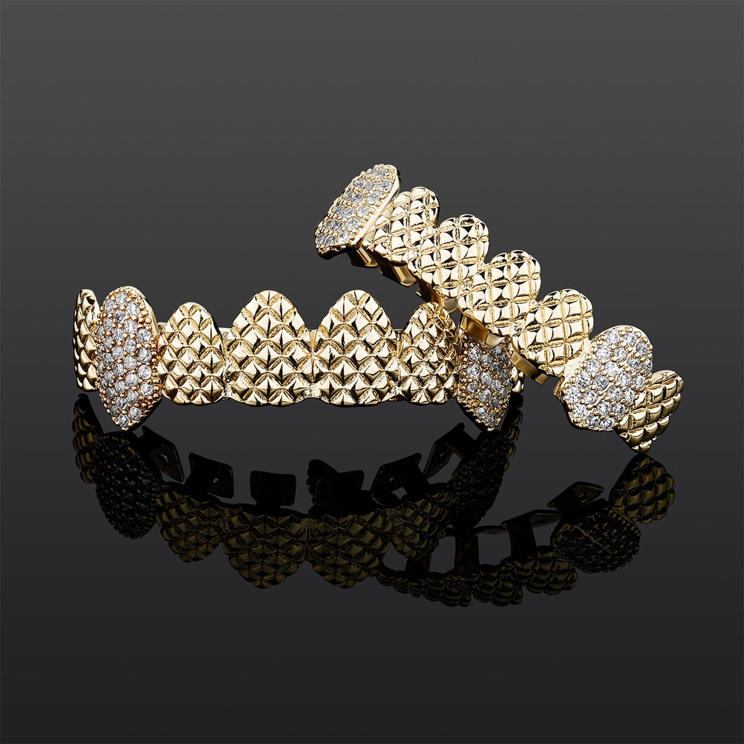 18K Embossed Fangs Diamond Teeth Wear Grill