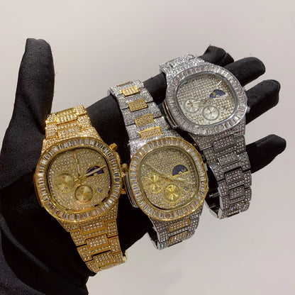 41mm Full CZ Diamond Moon Phase Square Dial | Iced Out Fashion Calendar Quartz Watch