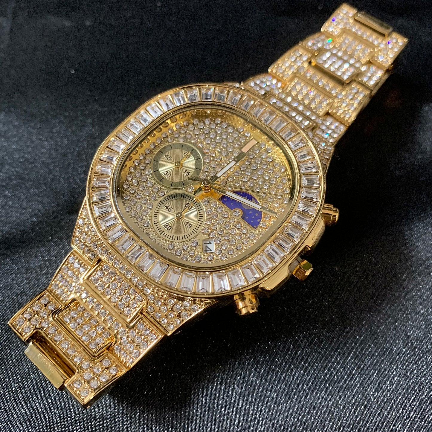 41mm Full CZ Diamond Moon Phase Square Dial | Iced Out Fashion Calendar Quartz Watch