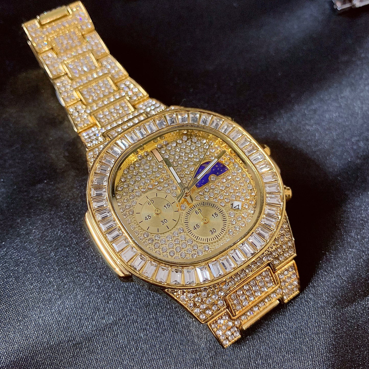 41mm Full CZ Diamond Moon Phase Square Dial | Iced Out Fashion Calendar Quartz Watch