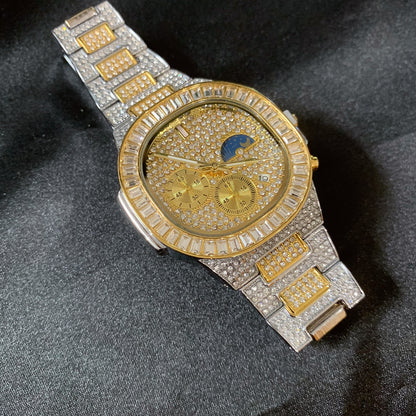 41mm Full CZ Diamond Moon Phase Square Dial | Iced Out Fashion Calendar Quartz Watch