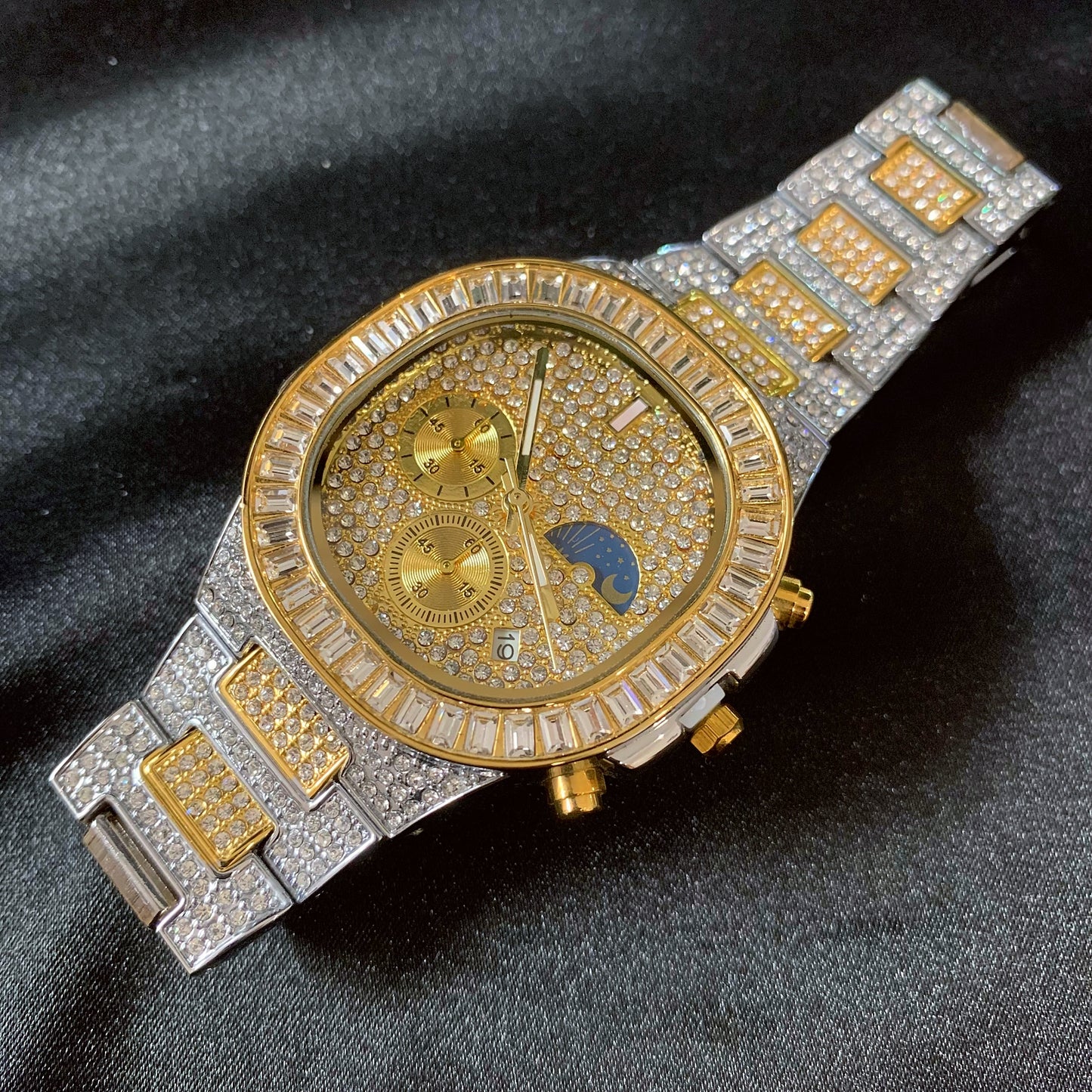 41mm Full CZ Diamond Moon Phase Square Dial | Iced Out Fashion Calendar Quartz Watch