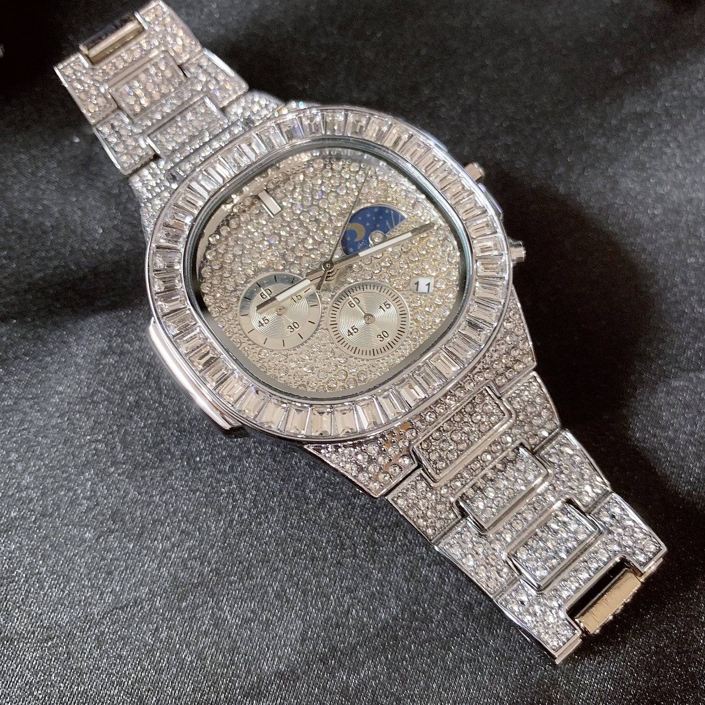 41mm Full CZ Diamond Moon Phase Square Dial | Iced Out Fashion Calendar Quartz Watch