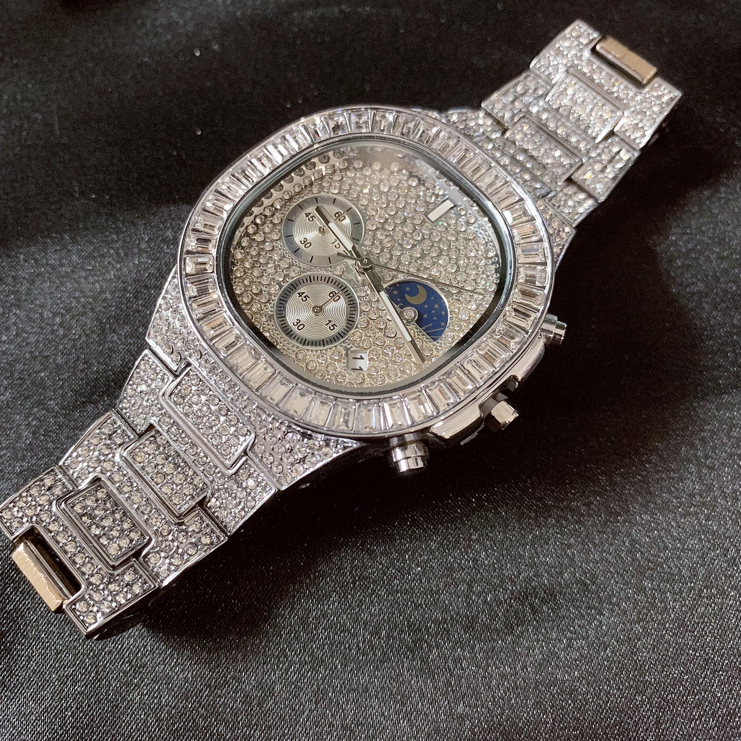 41mm Full CZ Diamond Moon Phase Square Dial | Iced Out Fashion Calendar Quartz Watch