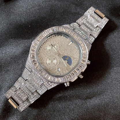 41mm Full CZ Diamond Moon Phase Square Dial | Iced Out Fashion Calendar Quartz Watch