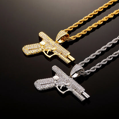 14K Hand Riffle Gun Model Pendant Iced Out CZ Diamond Necklace