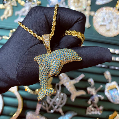 Iced Out Jumping Lovely Dolphin Pendant Necklace